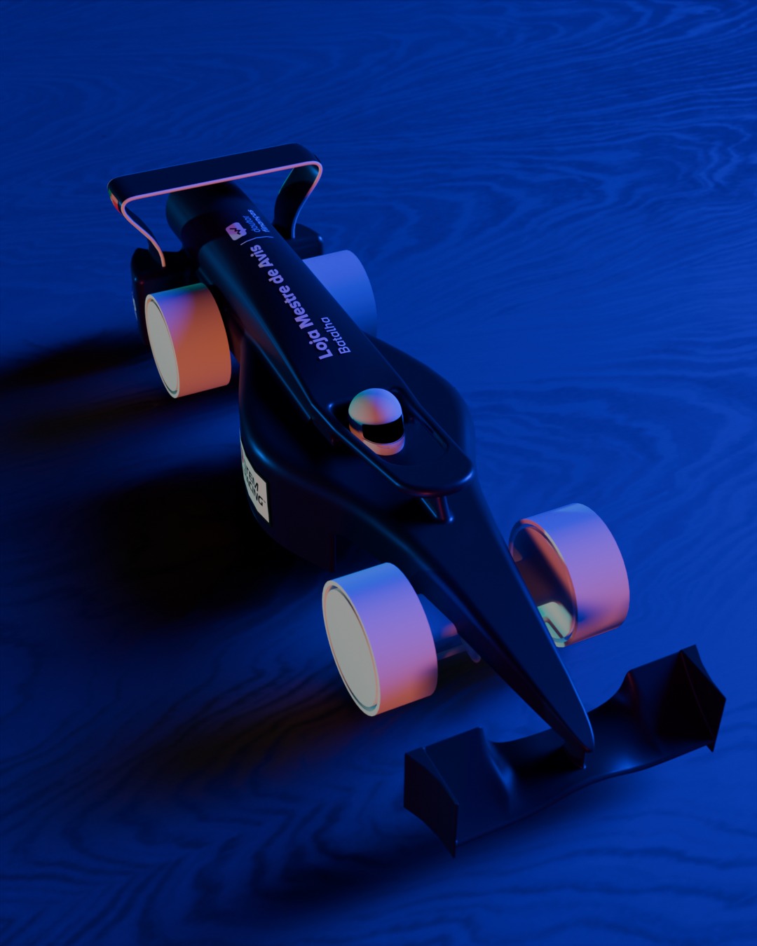 Render do carro da Laika Racing com iluminação azul
